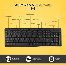 Lapcare E9 Splash Resistant Rugged Wired USB Multimedia Keyboard (Black) - 10AM-08PM