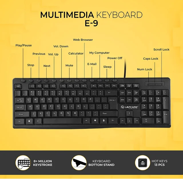 Lapcare E9 Splash Resistant Rugged Wired USB Multimedia Keyboard (Black) - 10AM-08PM