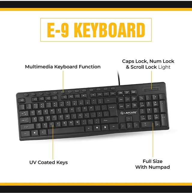 Lapcare E9 Splash Resistant Rugged Wired USB Multimedia Keyboard (Black) - 10AM-08PM