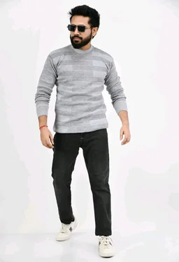 Men Round Neck Full Sleeve Woolen Pullover Winter Sweaters for Winter - Light gray, L