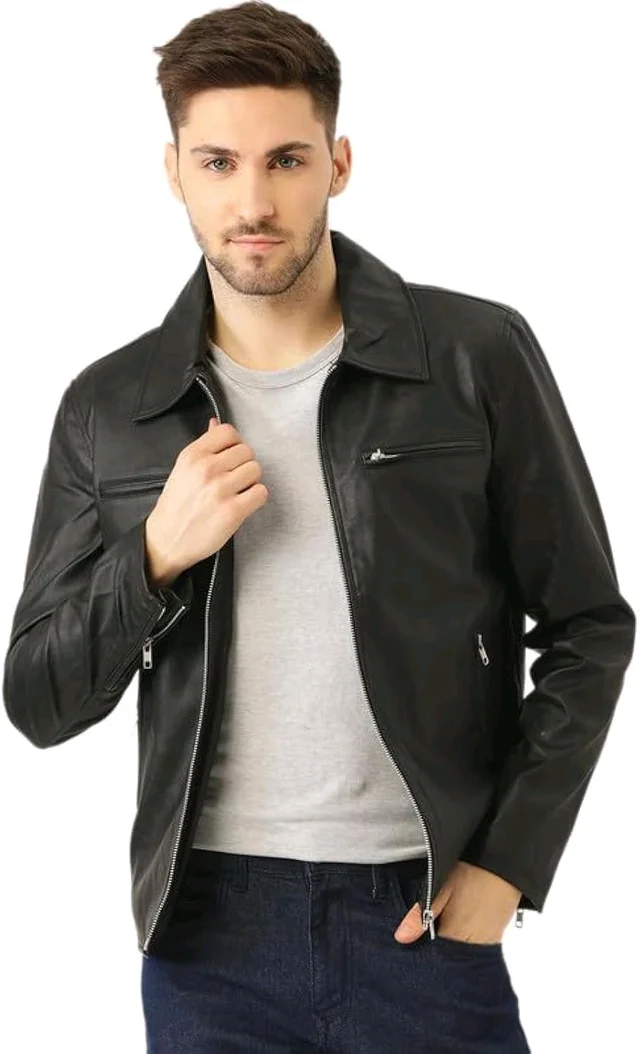 Leather Retail Men's Black Solid Jacket