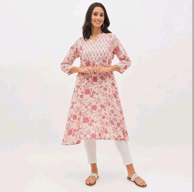 Mavie Women's Soft Pink Notch Neck Floral Printed Kurta 