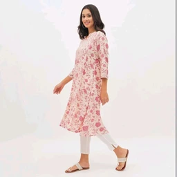 Mavie Women's Soft Pink Notch Neck Floral Printed Kurta - Pink Lace, M