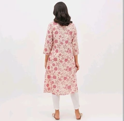 Mavie Women's Soft Pink Notch Neck Floral Printed Kurta - Pink Lace, M