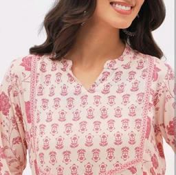 Mavie Women's Soft Pink Notch Neck Floral Printed Kurta - Pink Lace, M