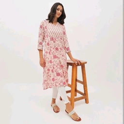 Mavie Women's Soft Pink Notch Neck Floral Printed Kurta - Pink Lace, M