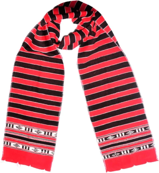 Karbi Muffler/Scarf/Stole or Poho is worn around the head or used as a muffler.Handwoven in Red colour & Black Stripe 