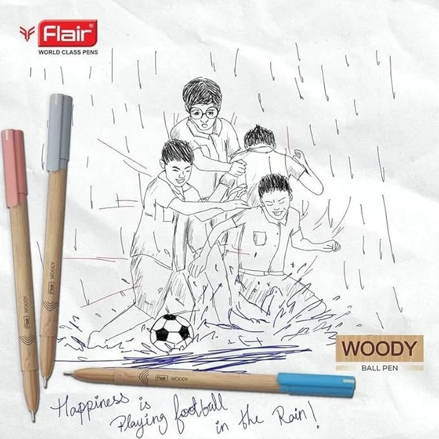 FLAIR Woody 0.7mm Ball Pen Box Pack of 10 | Attractive Woody Design - Blue and Black