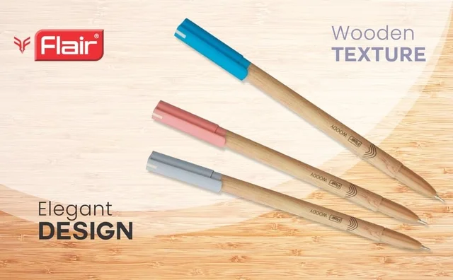 FLAIR Woody 0.7mm Ball Pen Box Pack of 10 | Attractive Woody Design - Blue and Black