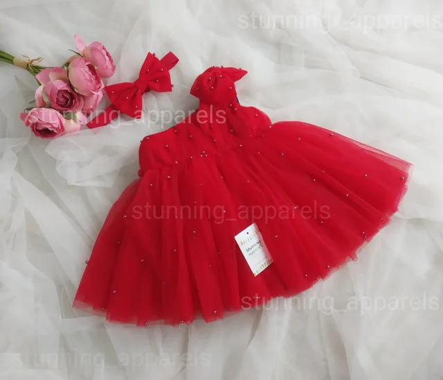 One Shoulder Pearls Work Partywear Dress - Red, 6-9 Month