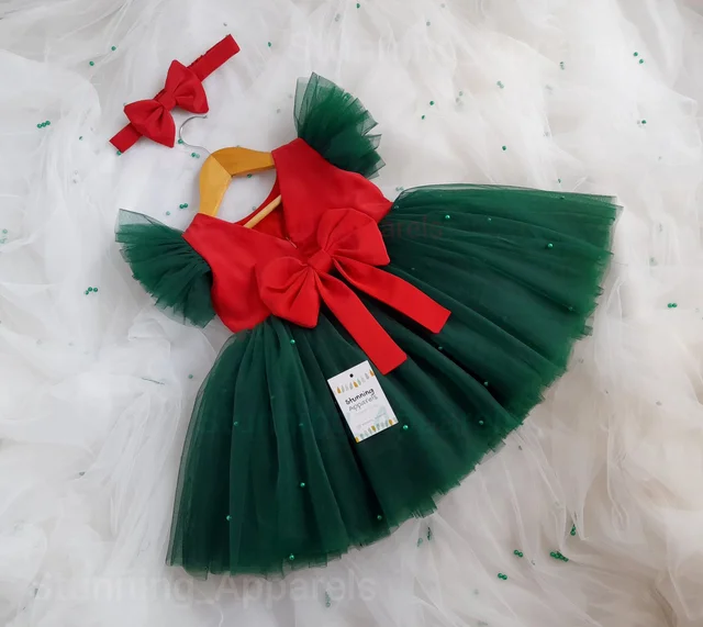 Green Pearls Work Christmas  Frock 