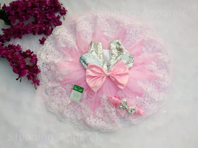Designer White Lace Work Baby Pink Frock 