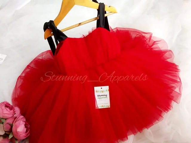 Black Satin Bow Strapped Red Frock - 5-6years