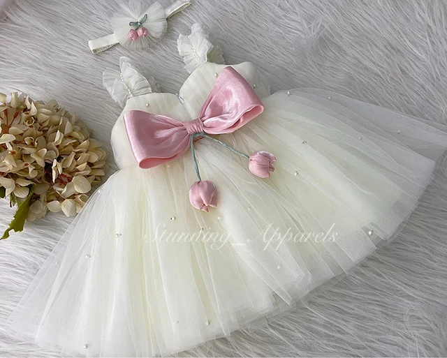 Tulip Flower Cute Cream Dress (shoes Available With 6-9 Month To 1-2 Year Size) 