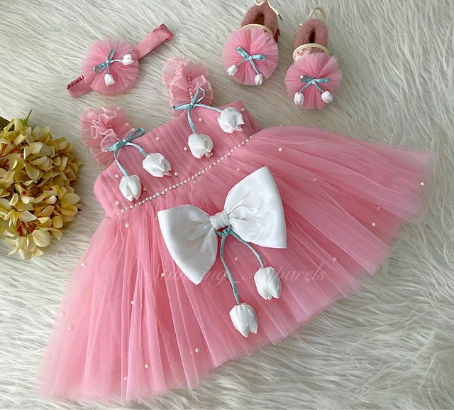 White Tulip Flower Peach Stylish Dress (shoes Available With 6-9 Month To 1-2 Year) 