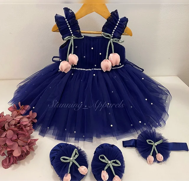 Peach Tulip Flower Navy Blue Dress ( Shoes Available With 0-3 Month To 1-2 Year ) 
