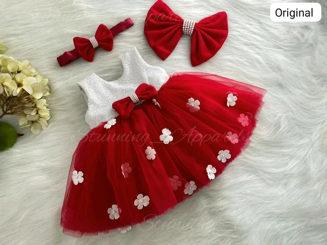 Milky Sequins White Flower Work Partywear Red Frock ( Shoes Availble With 0-3 Month To 1-2 Years )