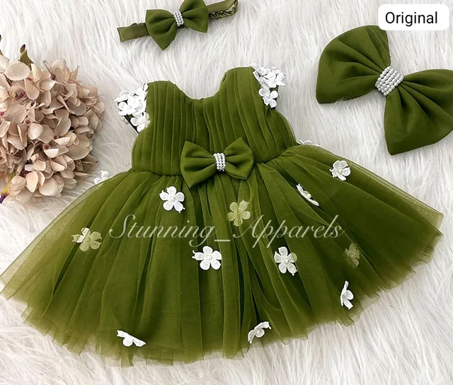 White Flower Work Cape Sleeves Partywear Olive Green Frock