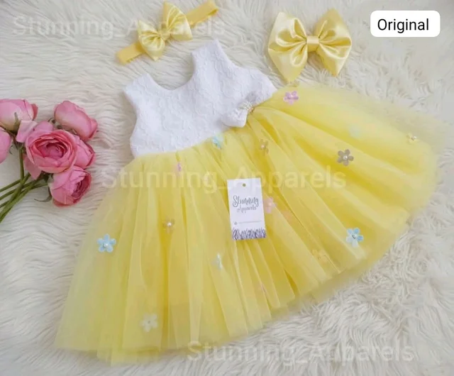 Multi Color Flower Work Yellow Frock