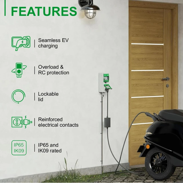 Schneider Electric Mureva EVSO EV Charging Socket Integrated RCBO |16A 230V AC Home Lockable Weatherproof Wall-Mounted