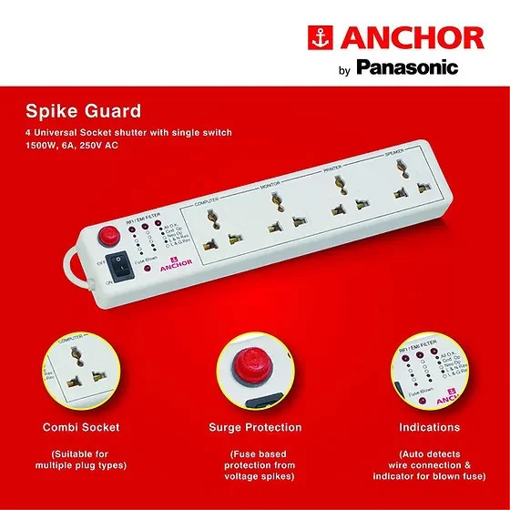 Anchor Spike Guard 4 Socket & 1 Switch - 22047 - 1.5 Mtr Wire - 22047