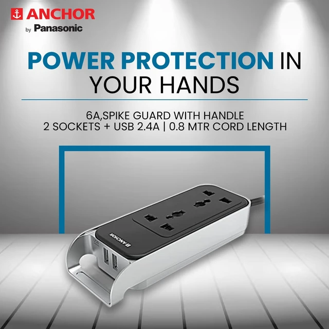 Anchor by Panasonic Anchor 6A 2 Universal Socket with 2 USB Port | 6A Extension Board with 2.4A 2 USB Port - 22052