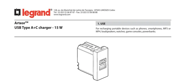 Legrand Arteor 1M USB Charger 571689 - 3000mA/15 Watts - Type A + C - Magnesium