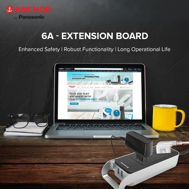 Anchor by Panasonic Anchor 6A 2 Universal Socket with 2 USB Port | 6A Extension Board with 2.4A 2 USB Port - 22052