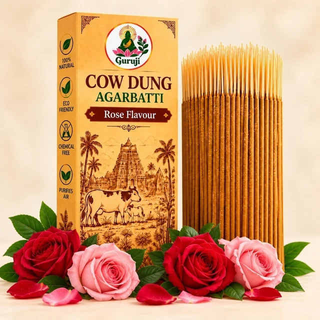 Guruji Cow Dung Agarbatti (Rose Flavour) - Natural Incense Sticks - 1kg
