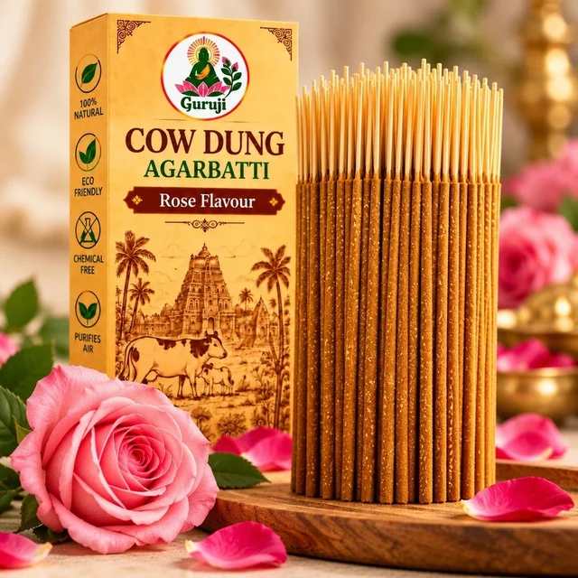 Guruji Cow Dung Agarbatti (Rose Flavour) - Natural Incense Sticks - 1kg