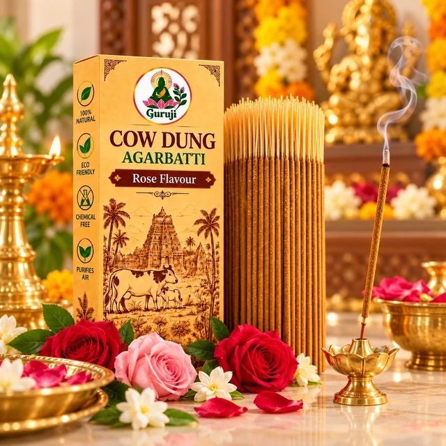 Guruji Cow Dung Agarbatti (Rose Flavour) - Natural Incense Sticks - 1kg
