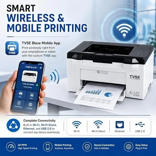 TVS ELECTRONICS SN-26NW Heavy Duty Monochrome Laser Printer | 26 PPM Speed | Wireless & Wired Printing | 3000-Page Starter Toner | Refillable Toner | 1200 x 1200 DPI