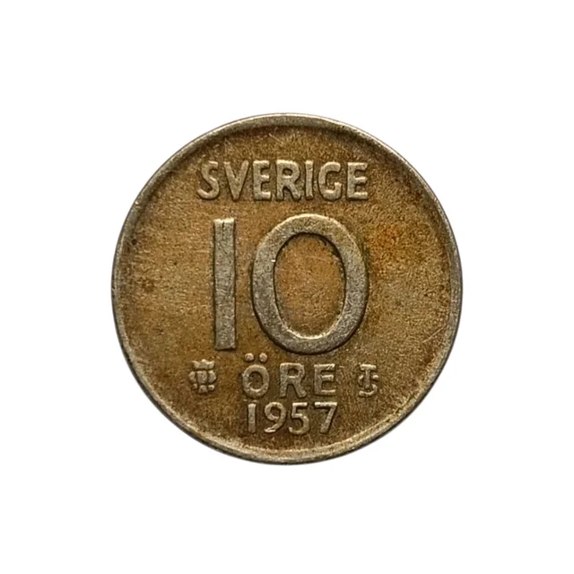 1957 Sweden 10 Ore Coin - 40% Silver Coin (Billon)