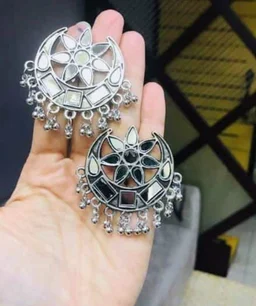 Mirror Embellished Chandballis With Mirror Studded Ring - Mercury, Adjustable Ring, Get A Luxury Scrunchie As Gift