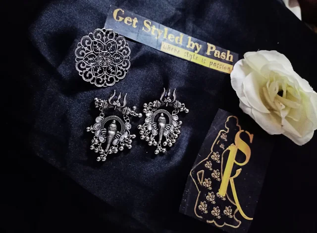 Shiv Motiff Silver Oxidized Traditional Earrings With Floral Patterned Oxidized Ring - Silver, Adjustable Ring, Get Free Luxury Scrunchie Gift!