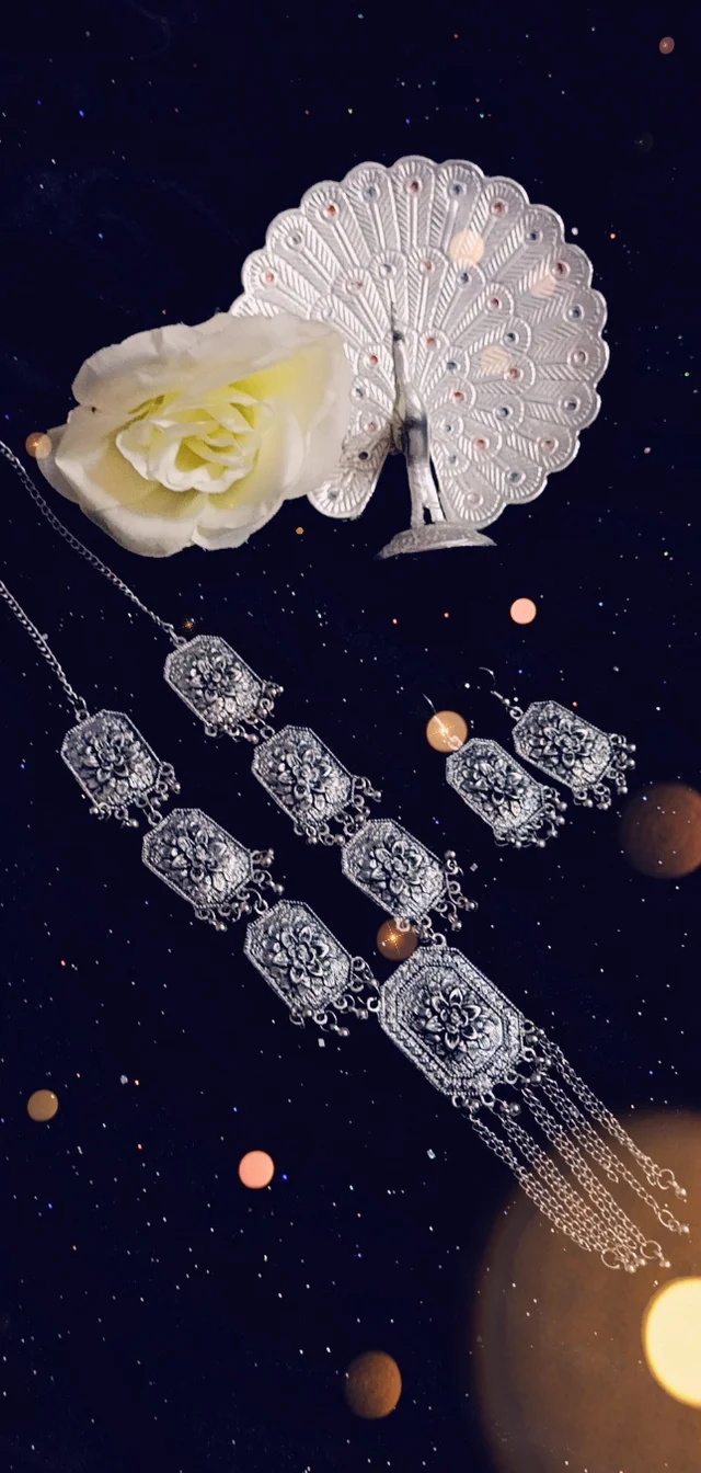 Stunning floral Patterned Long Silver OxidizedNecklace - Alto, Standard, Get Free Luxury Scrunchie Gift!
