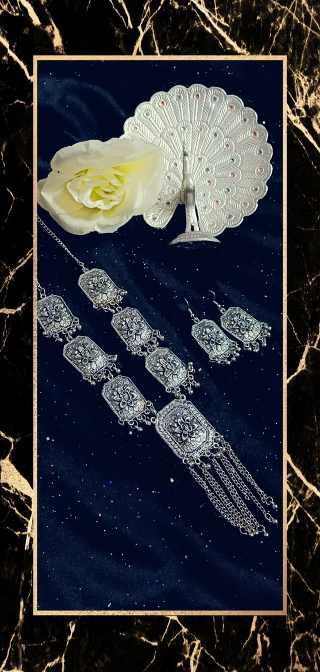 Stunning floral Patterned Long Silver OxidizedNecklace - Alto, Standard, Get Free Luxury Scrunchie Gift!