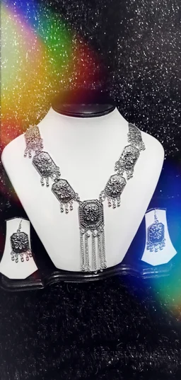 Stunning floral Patterned Long Silver OxidizedNecklace - Alto, Standard, Get Free Luxury Scrunchie Gift!