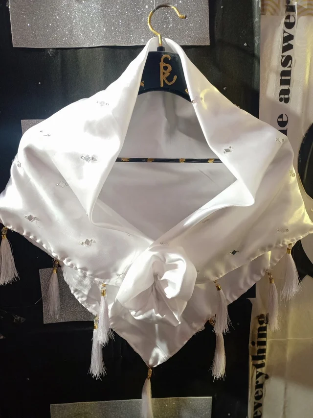 White Dazzling Satin Silk Shoulder Wrap Cape - Dry Clean Only, White, Get Free Luxury Scrunchie Gift