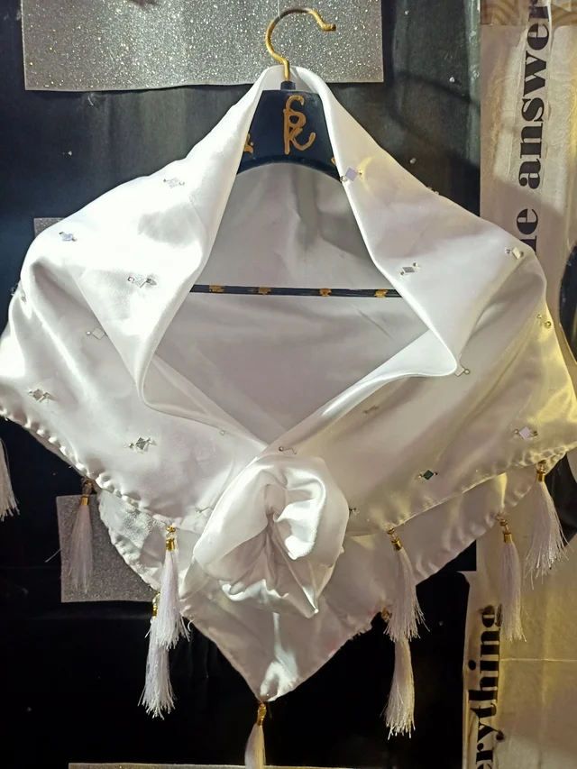 White Dazzling Satin Silk Shoulder Wrap Cape - Dry Clean Only, White, Get Free Luxury Scrunchie Gift