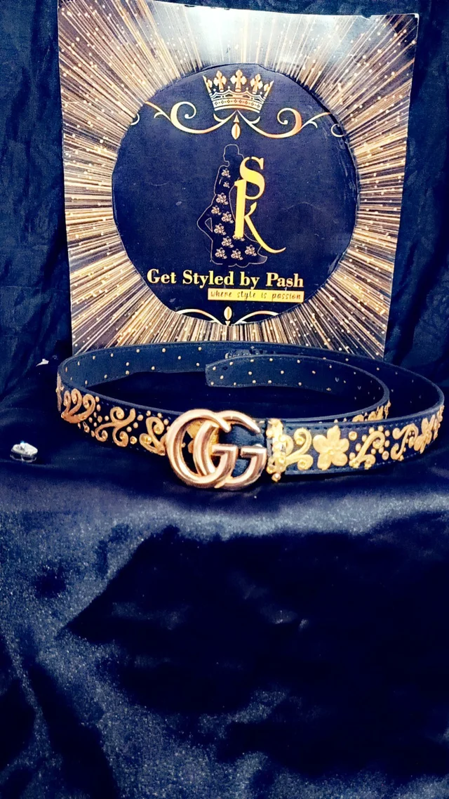 Black Gold Liquid Embroidered Antique Luxury Belt - Black, Get Free luxury Scrunchie gift!, Waist - 38"- 40" Width- "1.25"