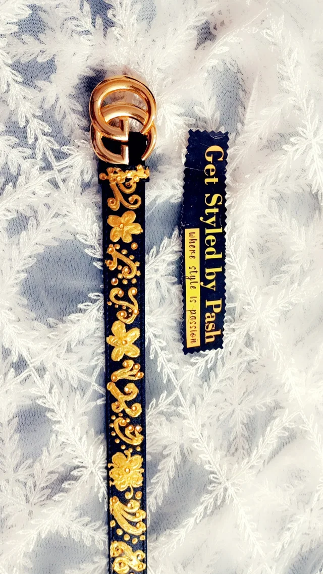 Black Gold Liquid Embroidered Antique Luxury Belt - Black, Get Free luxury Scrunchie gift!, Waist - 38"- 40" Width- "1.25"
