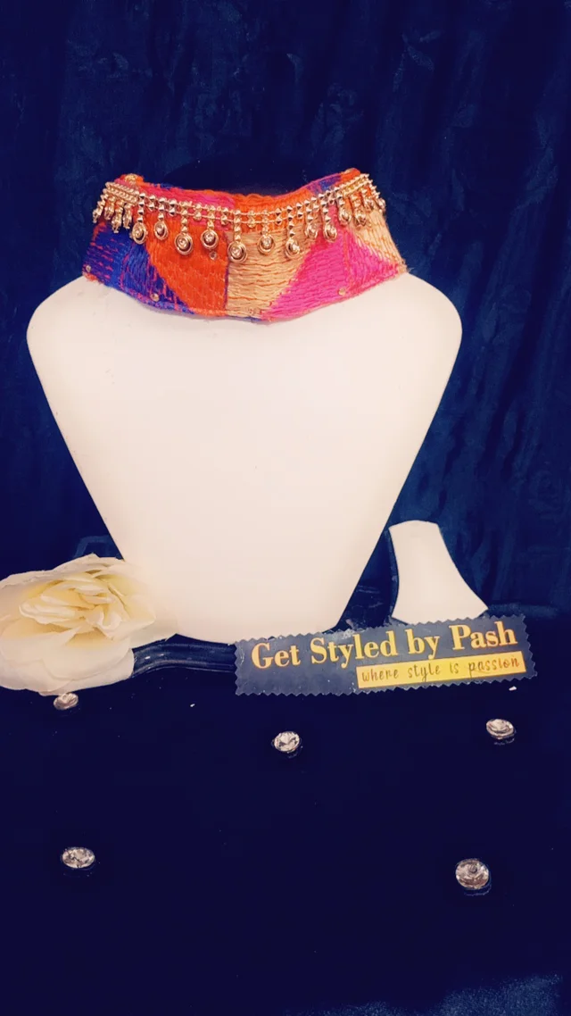Phulkari Gold Chain embellished Fashion Luxury Collar - No Wash N Dry Clean, Red, Get Luxury Scrunchie Free!