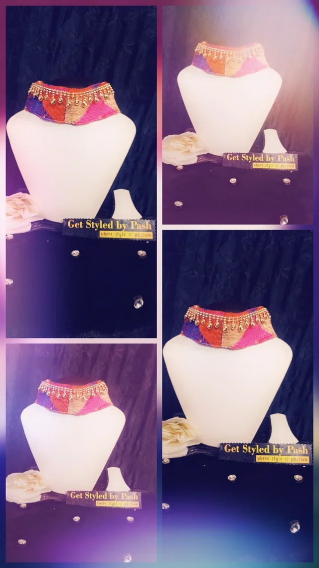 Phulkari Gold Chain embellished Fashion Luxury Collar - No Wash N Dry Clean, Red, Get Luxury Scrunchie Free!