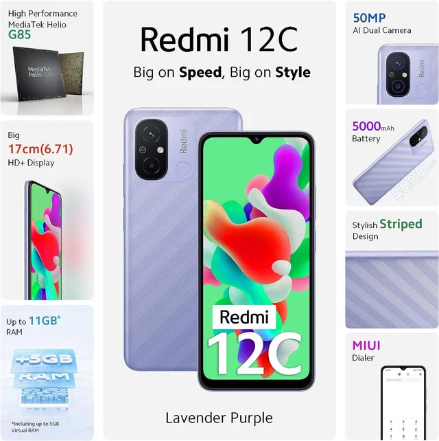 Redmi 12C - Matte Black, 6GB+128GB