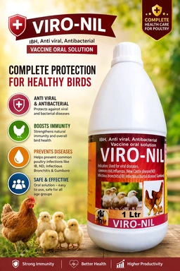 VIRONIL Indication: Used for viral diseases,common cold,Influenza, New Castle disease(ND),Infectious bronchitis(IB) Infectious bursal disease( Gumboro)) 1ltr