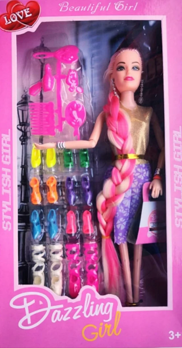 Fashion Long Hair Doll with Foldable Hands and Legs with Shoes & Beauty Accessories for Girls Kids |(Pack of 1) Barbie Girl 28cm-Color May Vary (3+ Years)