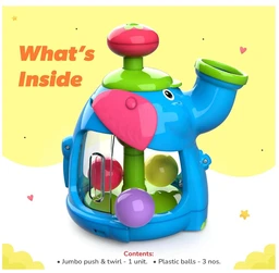 Giggles Funskool Jumbo Push & Twirl - Elephant Ball Drop Toy with Plunger Action for Babies 6+ Months Delivery Time :2-3Days