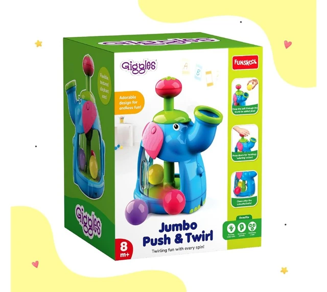 Giggles Funskool Jumbo Push & Twirl - Elephant Ball Drop Toy with Plunger Action for Babies 6+ Months Delivery Time :2-3Days
