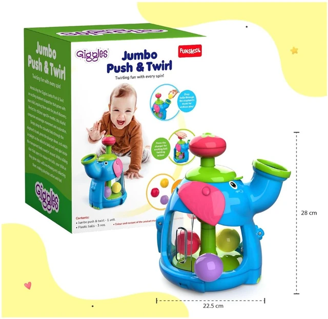 Giggles Funskool Jumbo Push & Twirl - Elephant Ball Drop Toy with Plunger Action for Babies 6+ Months Delivery Time :2-3Days